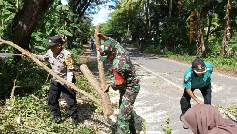 Babinsa, Bhabinkamtibmas dan Warga Sekotong Gotong Royong Bersihkan Jalan